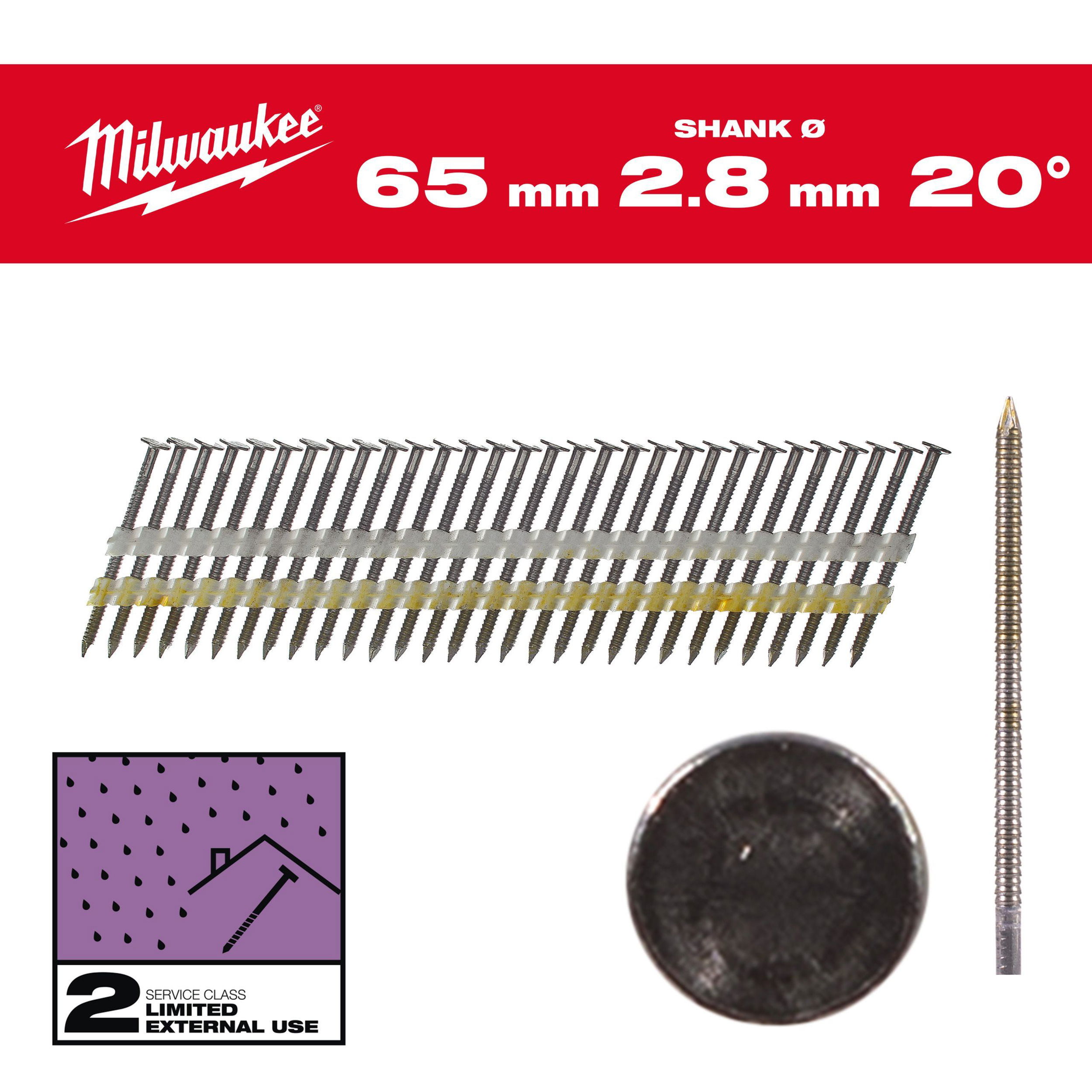 Milwaukee Szerkezetépítő szegek, kerek fejű, galvanizált, 20°, SC2, 2.8 x 65 mm, 2000 db/csomag termék fő termékképe
