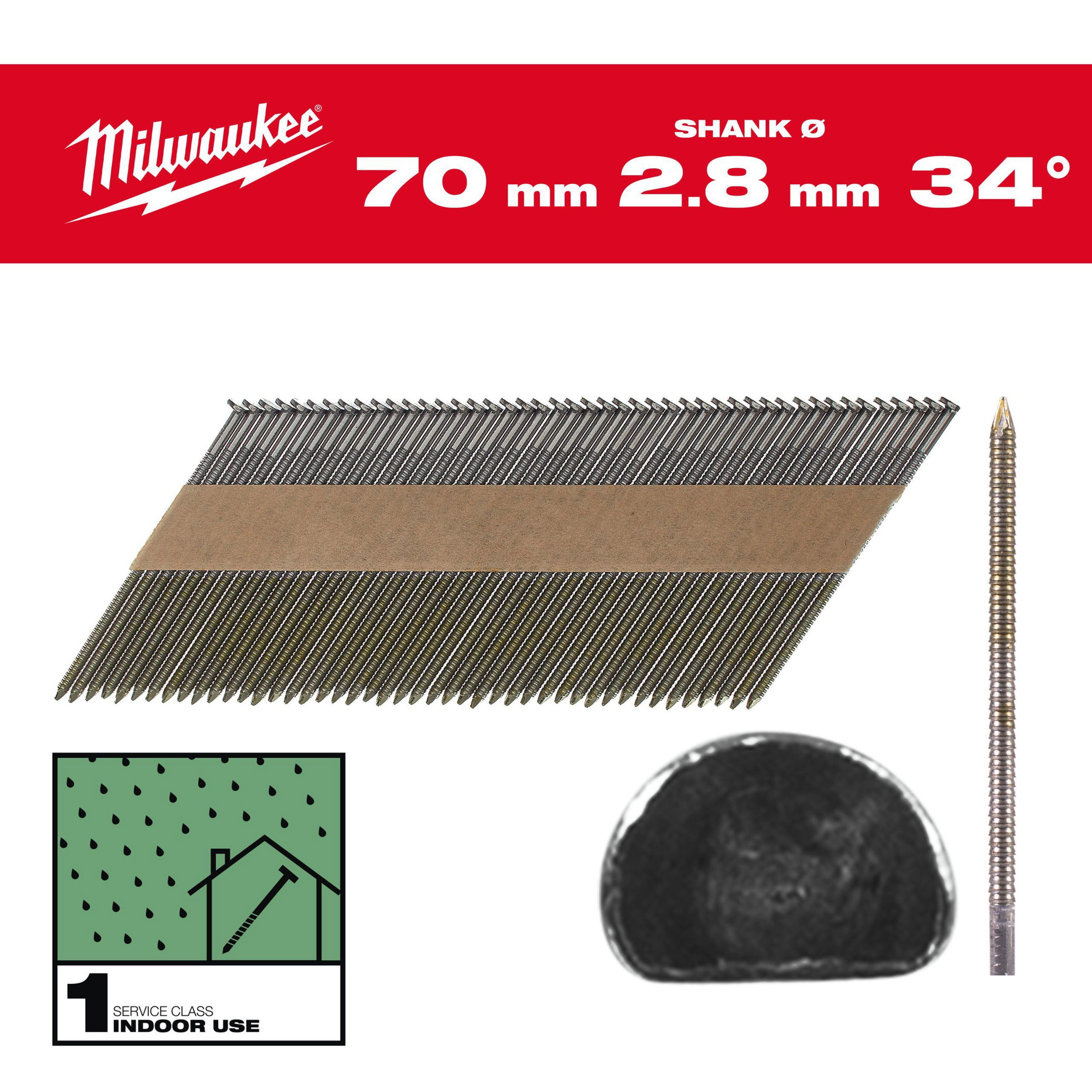 Milwaukee Szerkezetépítő szegek, "D" fejű, kerek szár, fényes, 34°, SC1, 2.8 x 70 mm, 2200 db/csomag termék fő termékképe