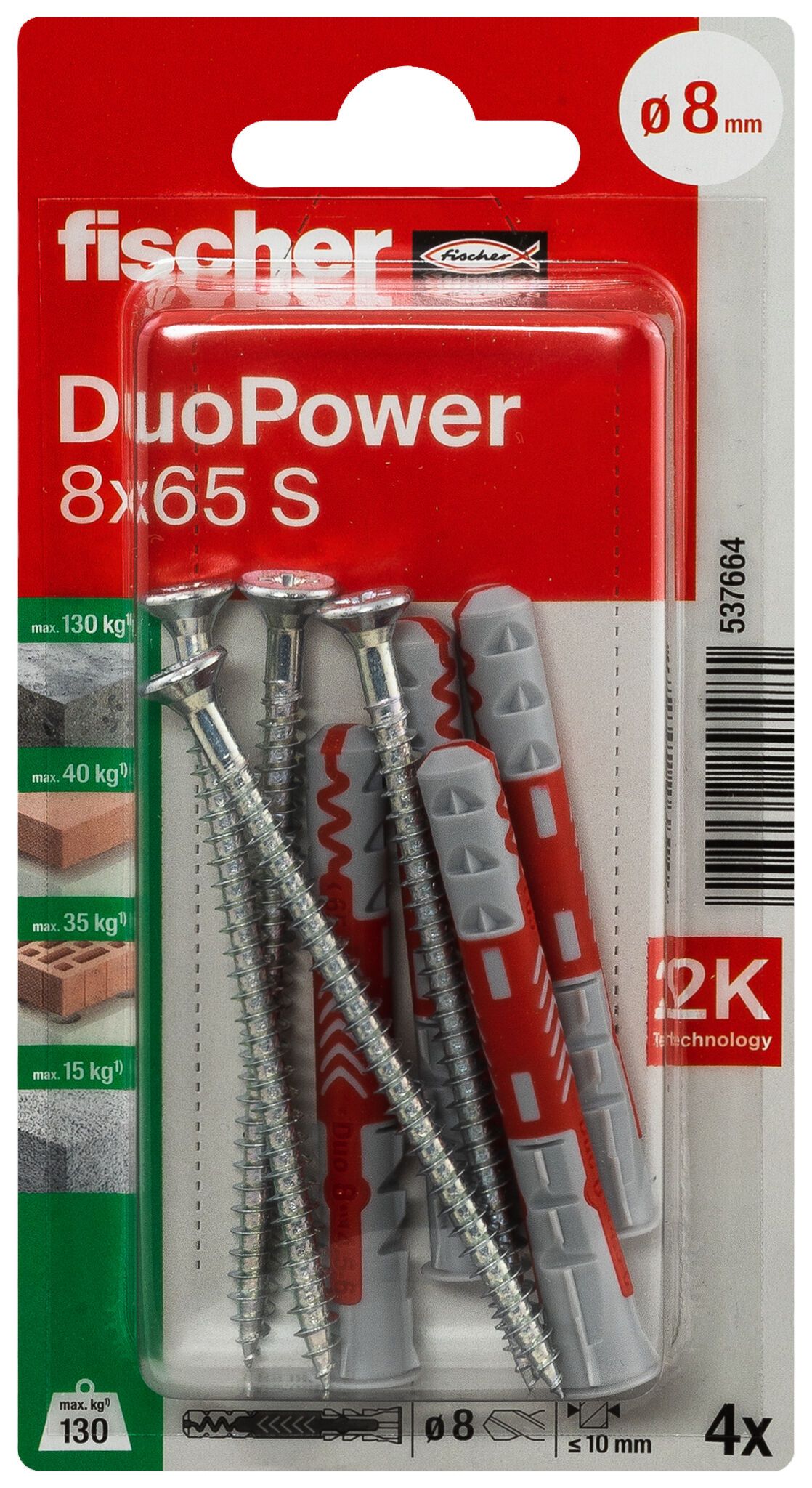 Fischer DuoPower kétkomponensű nylon dübel 8 x 65 S K - csavarral, bliszteres, 4 db/csomag termék fő termékképe